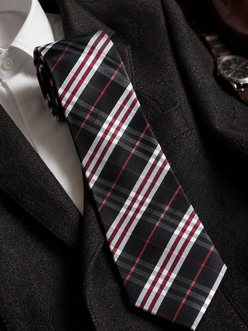 Burberry Black Red Nova Check Silk Tie Handmade Classic 4”